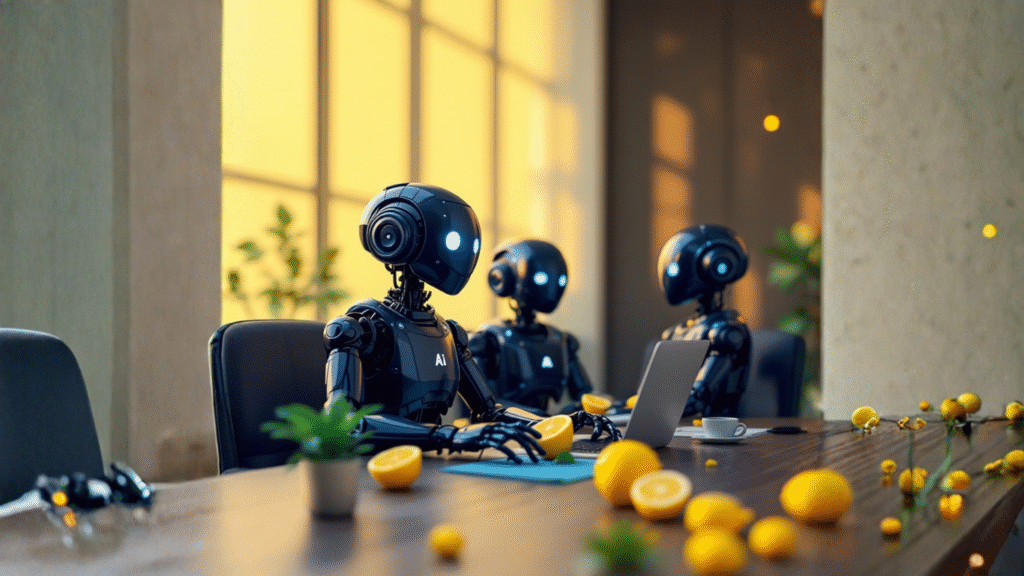 Team of AI robots in a meeting room discussing how insurance agencies use AI assistants in 2025 to answer client policy queries quickly, accurately, and safely