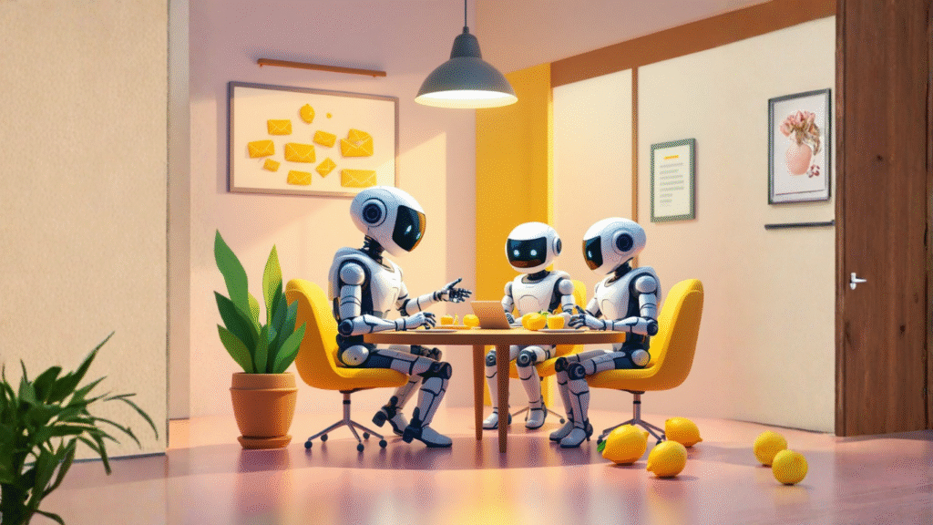 Team of AI robots in a meeting room collaborating on how AI agents can transform AI email marketing automation to boost personalization and campaign results