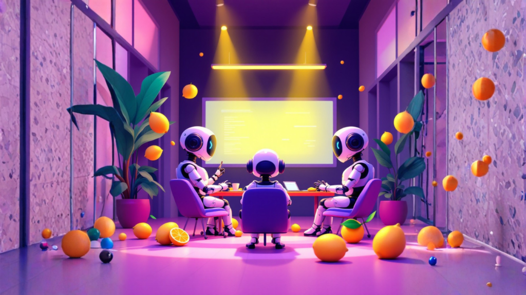 Team of AI robots discussing how AI can become a confidence tool by reducing self-doubt and boosting decision-making through automation