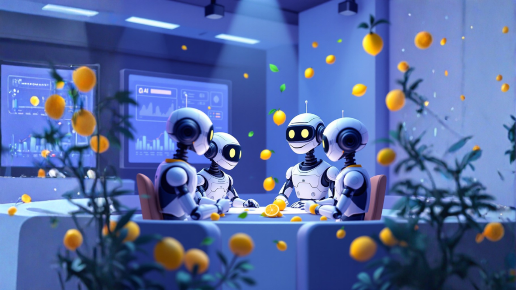 Team of AI robots discussing how an AI decision assistant can reduce decision fatigue by simplifying daily choices and boosting clarity