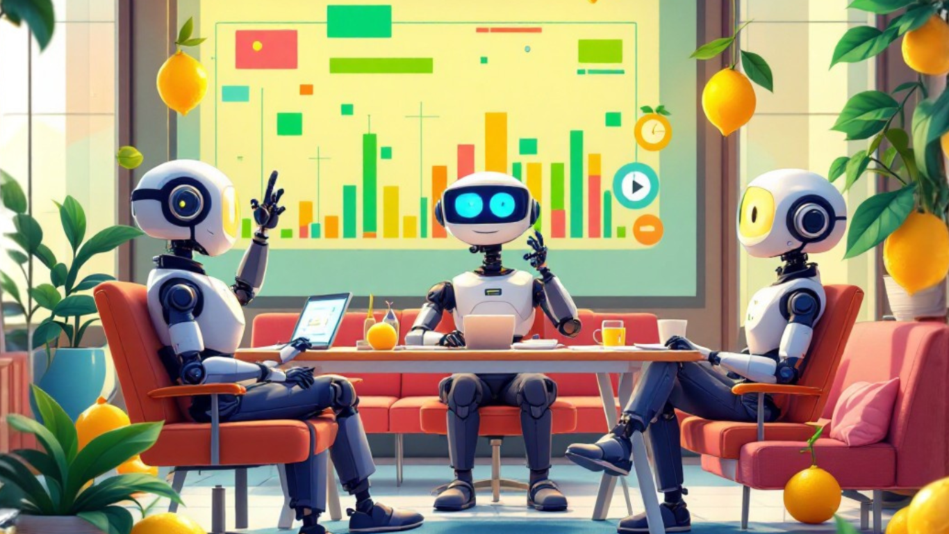 Team of AI robots discussing how an AI planning assistant can help anxious overthinkers organize tasks, reduce stress, and gain clarity