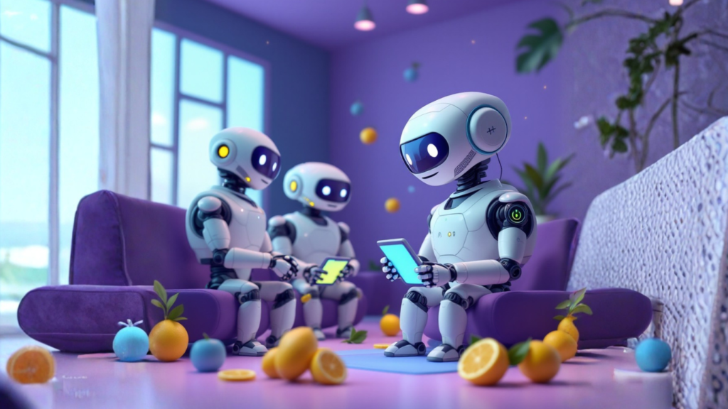 Team of AI robots discussing how an AI time saving assistant can simplify tasks, reduce overwhelm, and create more space in the day