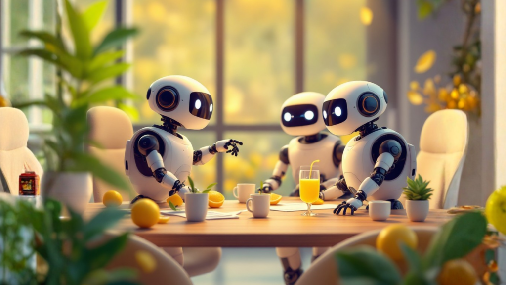 Team of AI robots in a meeting room collaborating on how to build a custom AI assistant in just 24 hours to automate tasks and enhance business efficiency