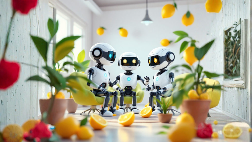 Team of AI robots discussing how to build a subscription-based AI agent designed to retain clients through ongoing automated support