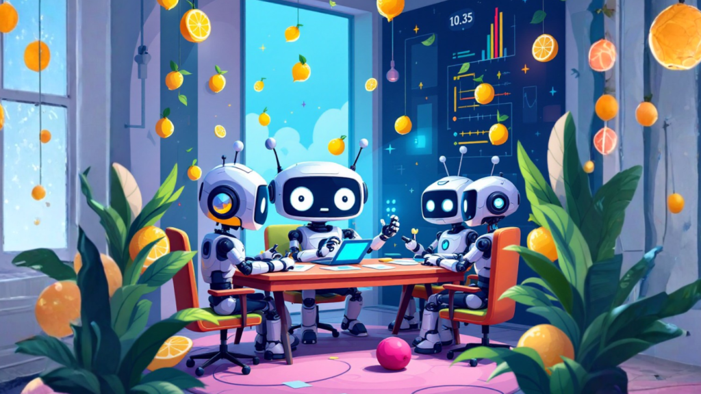 Team of AI robots in a meeting room collaborating on how to build an AI support buddy to help manage and automate personal projects efficiently and effectively