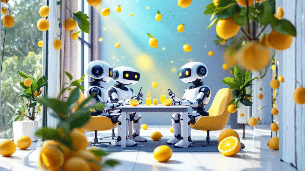 Team of AI robots in a meeting room collaborating on how to build an all-in-one AI campaign assistant that manages everything from idea creation to metrics
