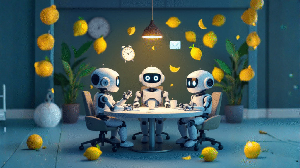 Team of AI robots in a meeting room collaborating on how to create an AI assistant that automatically generates a monthly AI social media calendar for brands
