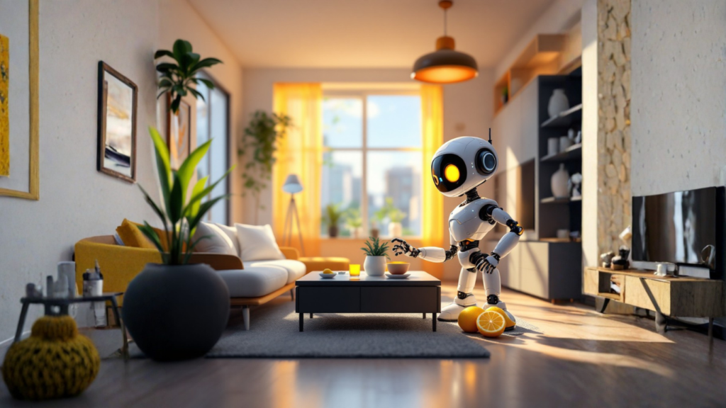 AI robot in a futuristic smart home using a computer to explore how to make a smart home truly intelligent with a custom AI agent for automation and control