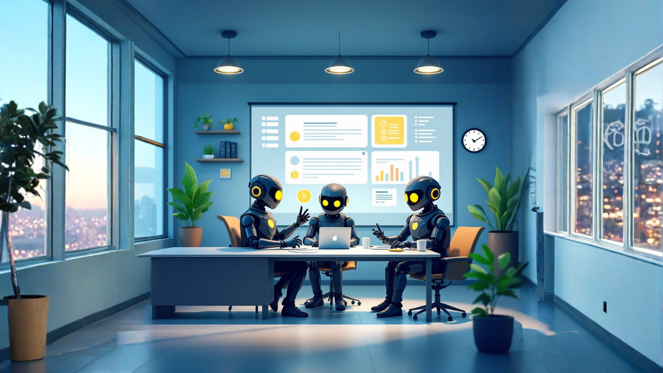 Team of dark-themed AI robots in a meeting room discussing how to use an AI legal assistant for effortless document review, analysis, and summarization