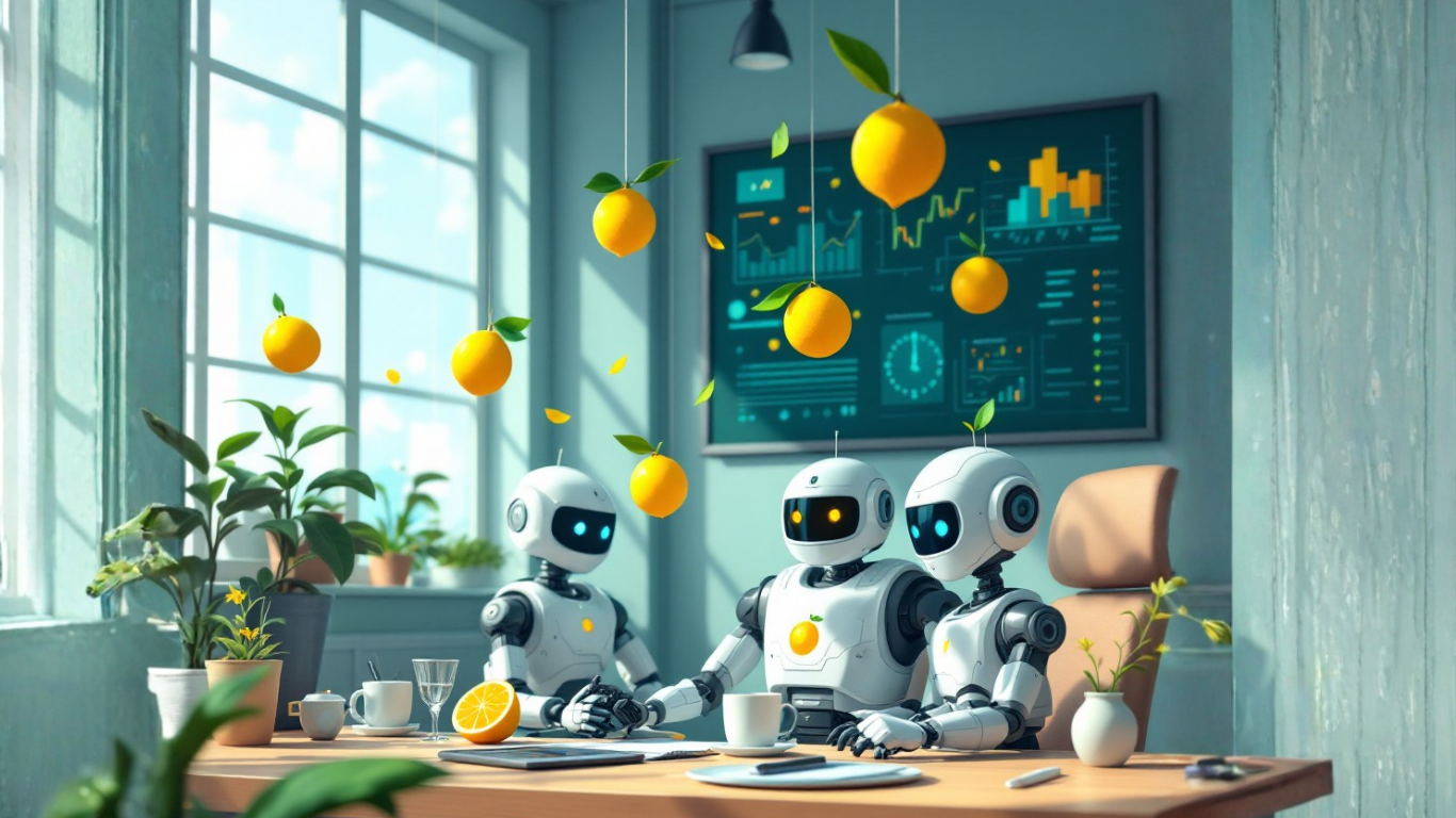 Team of AI robots in an office discussing how small businesses can use AI to level the playing field against big competitors by boosting efficiency and growth