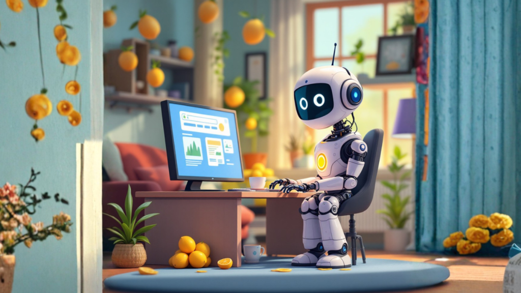 AI robot in a home office using a computer to research how non‑technical people can effectively communicate with AI agents for better collaboration and results