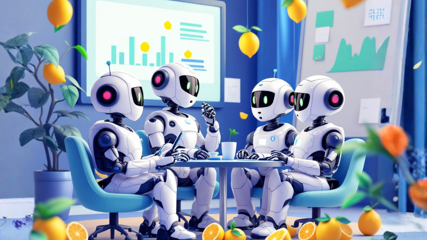 Team of AI robots discussing how SMEs can automate client onboarding with AI to streamline workflows, saving time and improving service