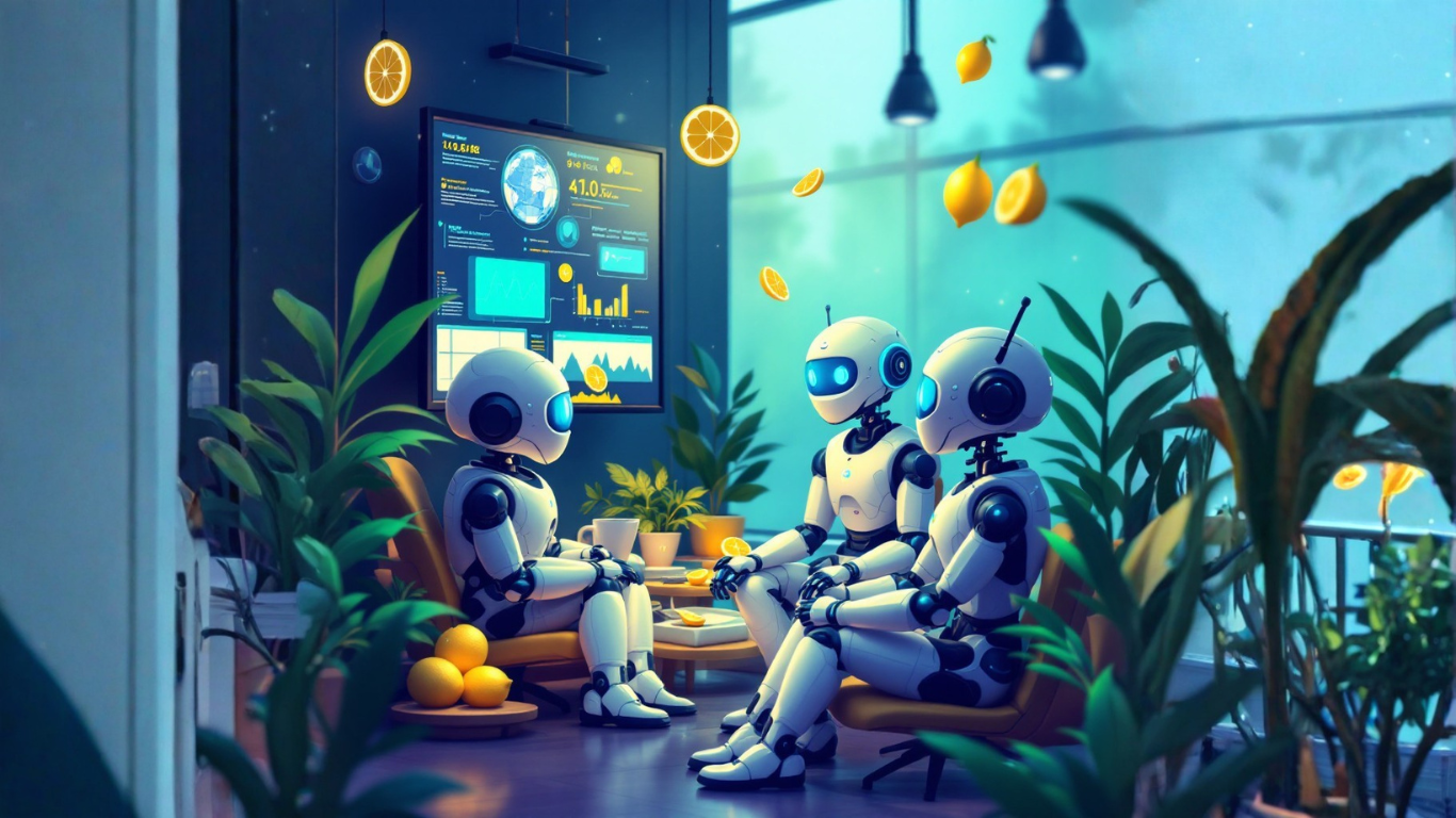 Team of AI robots discussing how anyone can be AI ready without being a techie, exploring tools and proof of real-world success