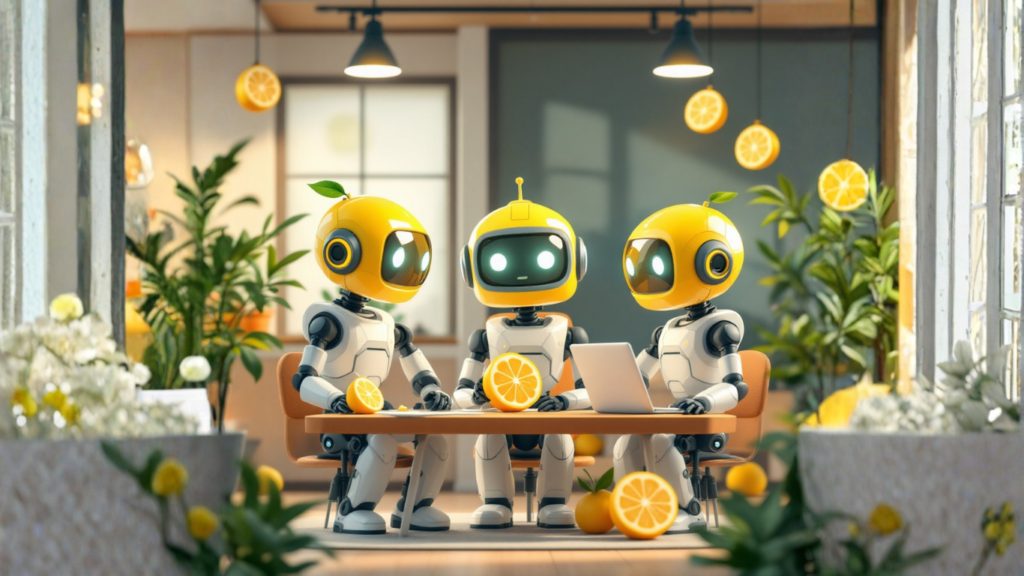 Team of AI robots in an office collaborating on how to build a 10‑minute DIY good morning alert AI agent that sends personalized greetings automatically