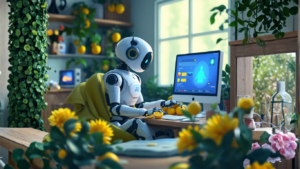 AI robot in a home office using a computer to research how to create an AI that acts like a daily ritual coach, guiding meditation, habits, and consistency