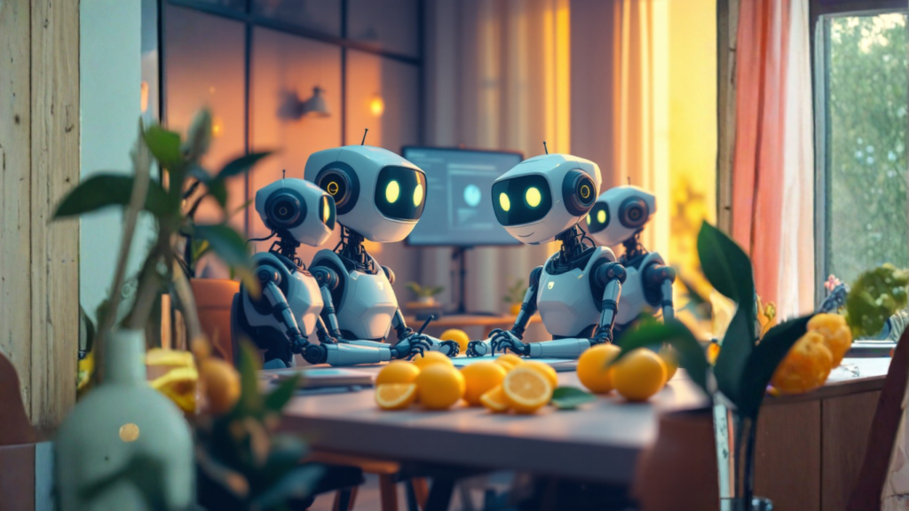 Team of AI robots discussing how an AI motivation assistant can help users break out of a rut with practical tools, clarity, and support