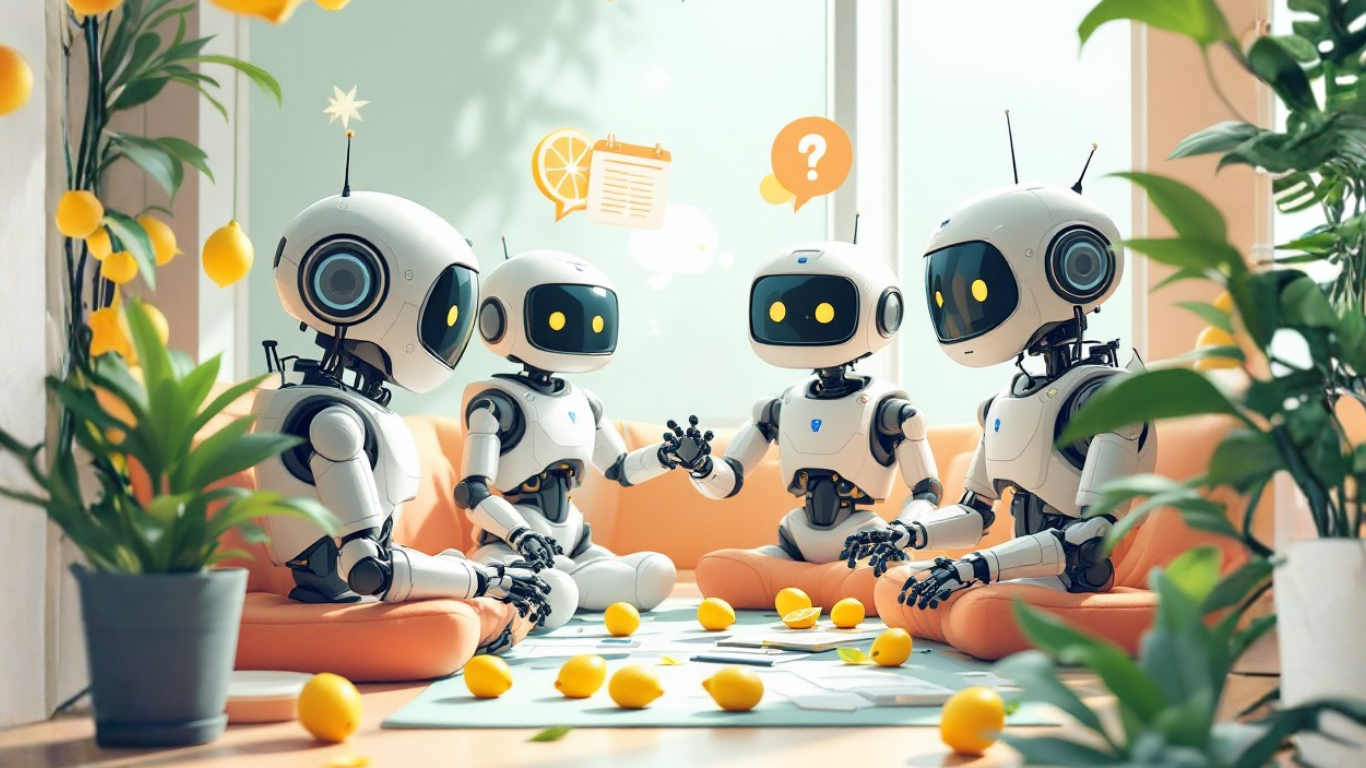 Team of AI robots in a meeting room discussing how an AI calendar assistant can understand schedules better while protecting user privacy and boosting efficiency