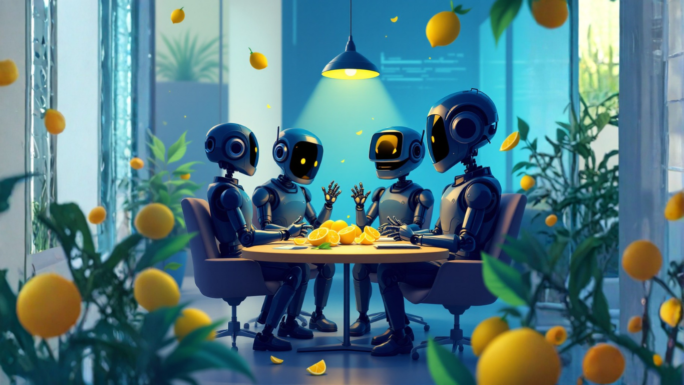 Team of dark-themed AI robots in a meeting room collaborating on how to set up an AI brand voice checker with an internal editor for consistent brand tone