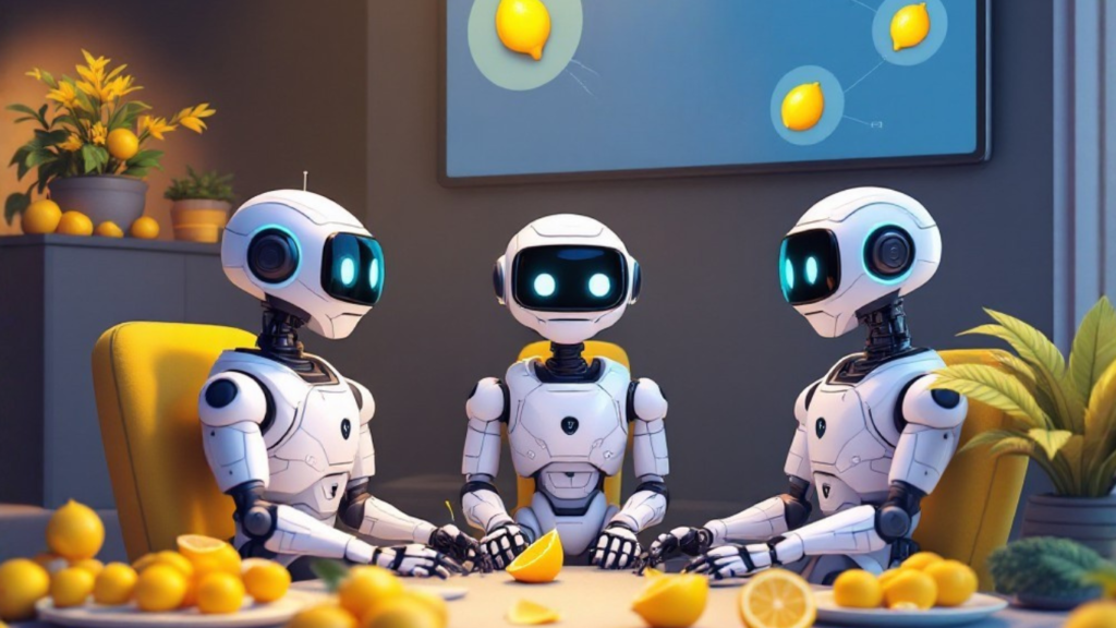 Team of AI robots discussing how to integrate AI assistants into service offerings to enhance efficiency, client experience, and value