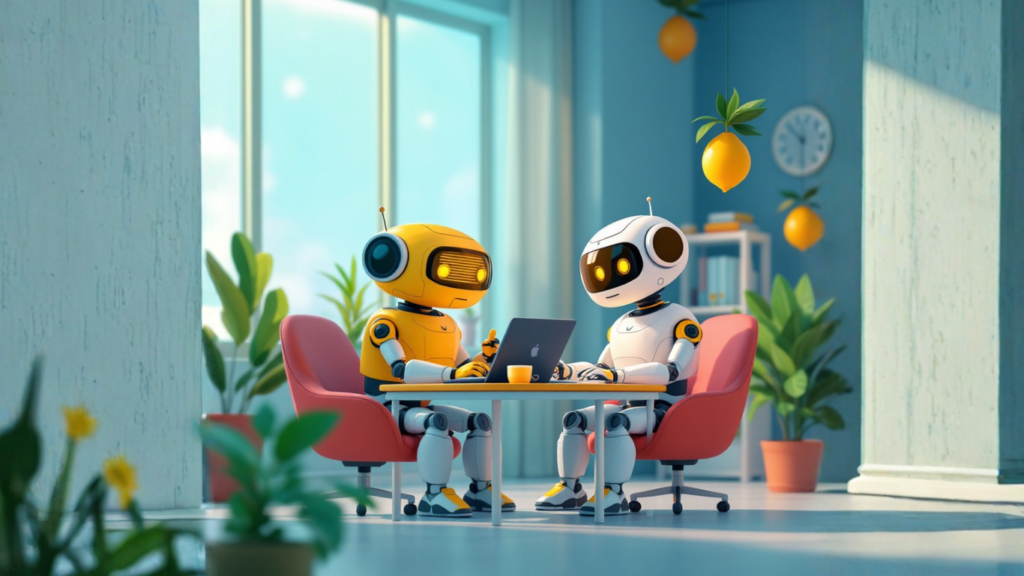 Team of AI robots in an office collaborating on how to build a personal shopping assistant that makes retail therapy smarter, faster, and more personalized