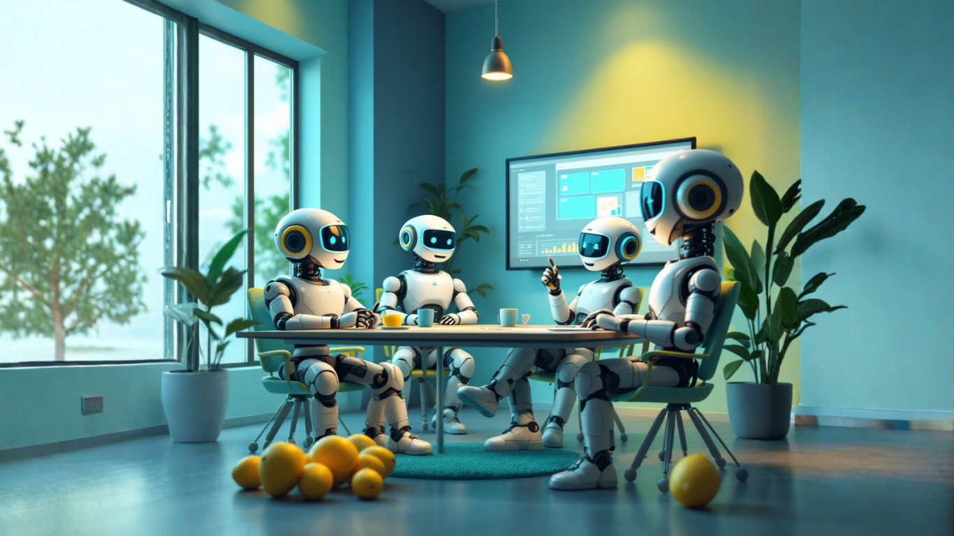 Team of AI robots discussing whether AI for small business is worth it for a 5‑person company to boost efficiency and productivity