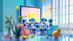 Team of AI robots discussing the quiet power of letting AI handle the mental load to reduce stress, boost focus, and improve efficiency
