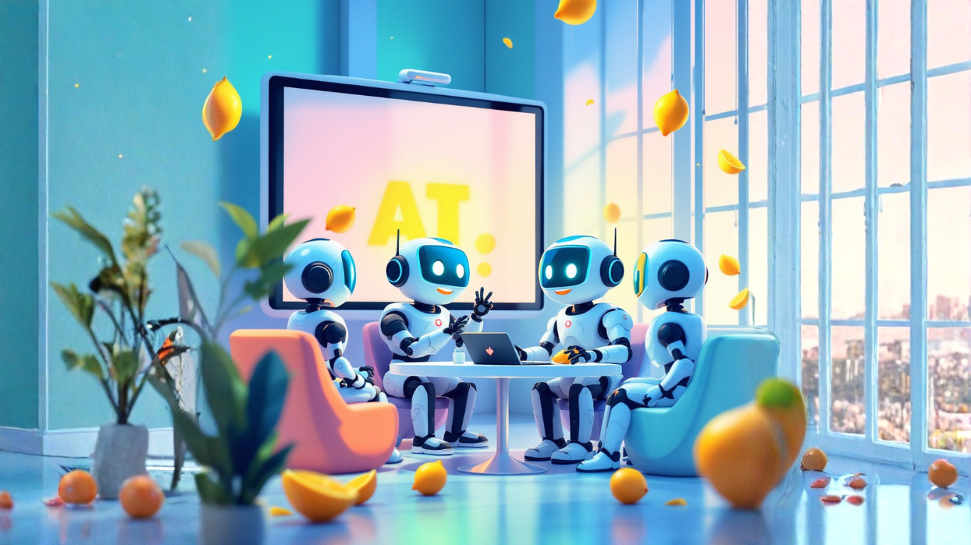 Team of AI robots discussing the quiet power of letting AI handle the mental load to reduce stress, boost focus, and improve efficiency