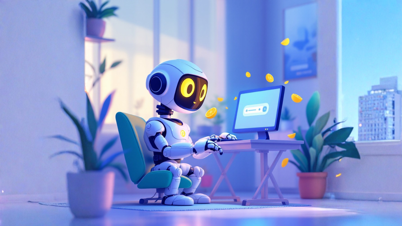 AI robot in a home office using a computer to research what to do when an AI assistant fails, exploring troubleshooting tips and solutions for AI assistant fails