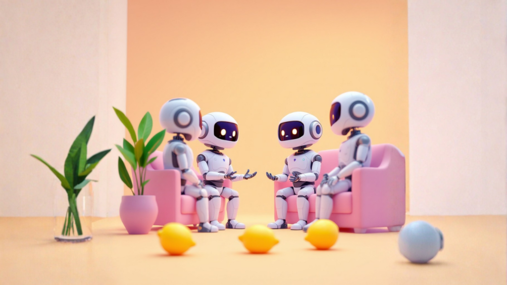 Team of AI robots in a meeting room discussing why AI tool abandonment occurs within 30 days and exploring solutions to improve long-term user retention