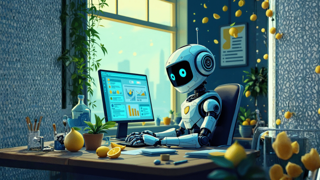 Single AI robot browsing the web, appearing uncertain yet curious, symbolising the hesitation and discovery process when building a first custom AI agent