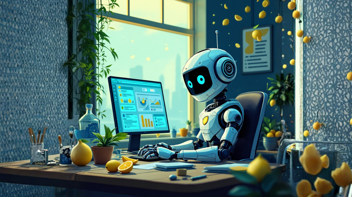 Single AI robot browsing the web, appearing uncertain yet curious, symbolising the hesitation and discovery process when building a first custom AI agent