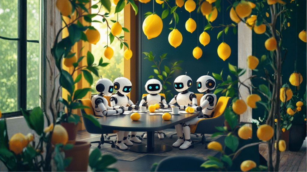 Team of AI robots in a meeting room discussing why building a custom AI blog generator offers more control, branding, and unique content options than ChatGPT
