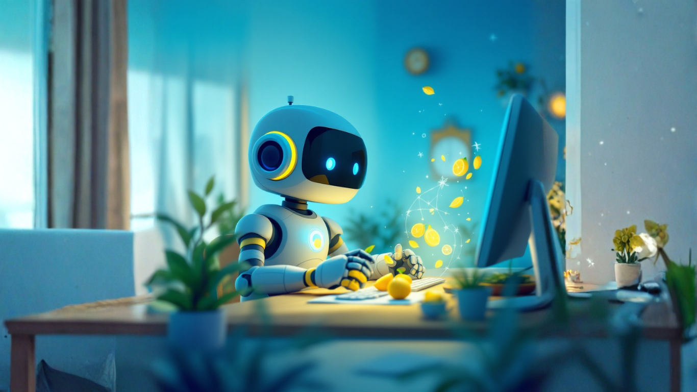 AI robot in a home office using a computer to explore why your first AI should feel like a friend instead of a robot, focusing on trust and human‑like interaction