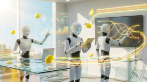 Team of friendly AI robots collaborating in a bright, modern tech space with citrus accents, symbolizing how an AI-powered one-person agency transforms entrepreneurship.