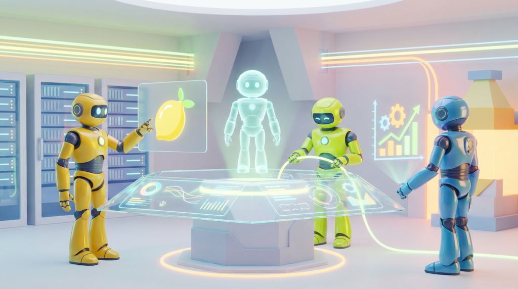 Team of AI robots discussing how to create a You Bot to scale professional services through automation, personalization, and efficiency.