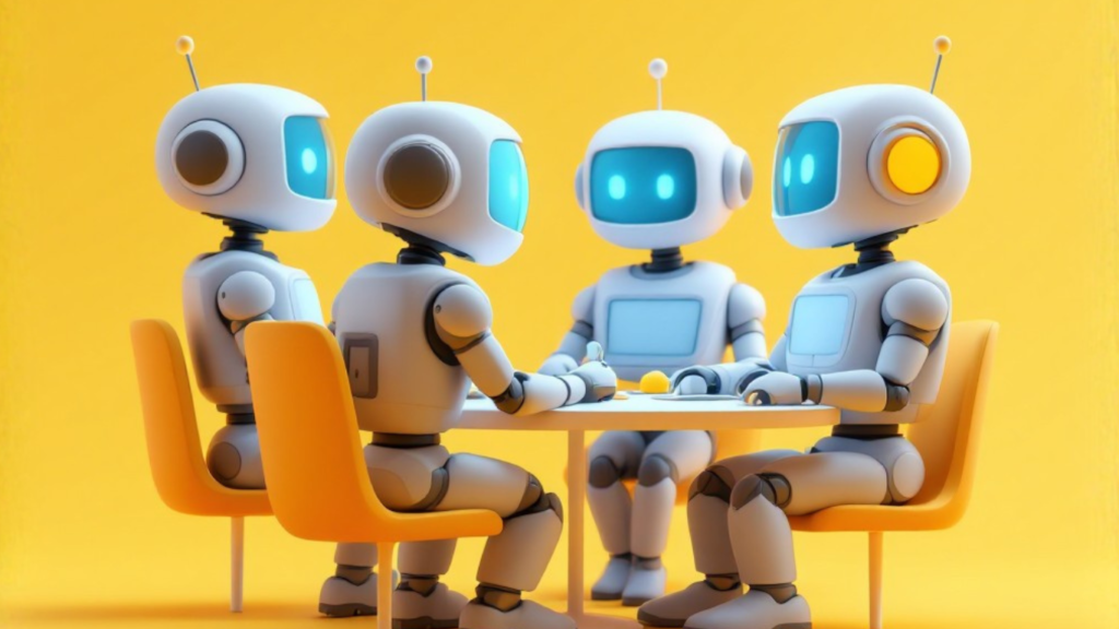 Team of AI robots discussing AI monetization strategies by creating and selling micro-agents to clients for revenue and productivity