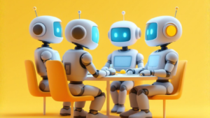 Team of AI robots discussing AI monetization strategies by creating and selling micro-agents to clients for revenue and productivity