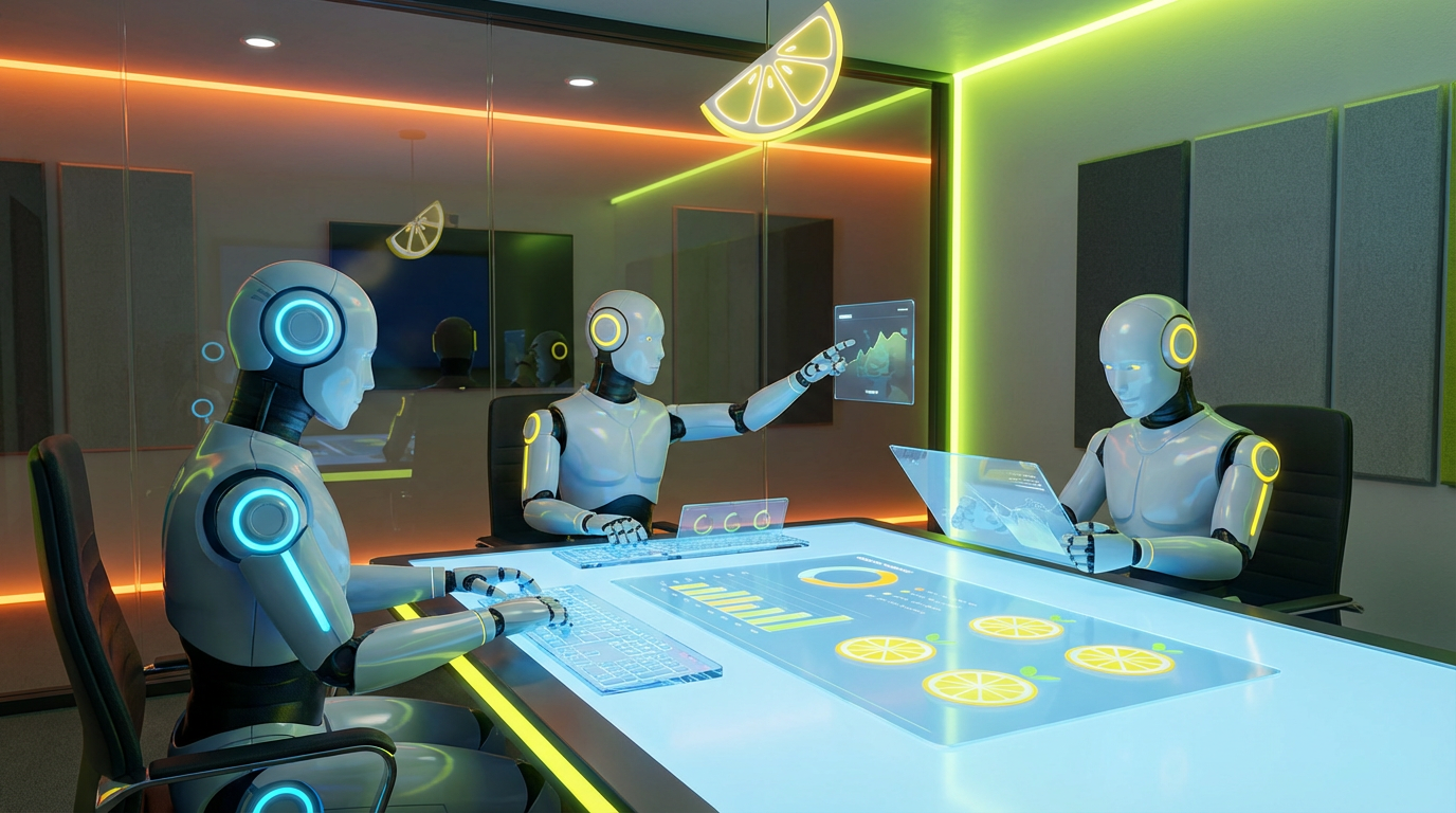 Team of friendly AI robots collaborating in a bright, citrus-accented tech space, representing how small businesses afford AI despite high cost perceptions.