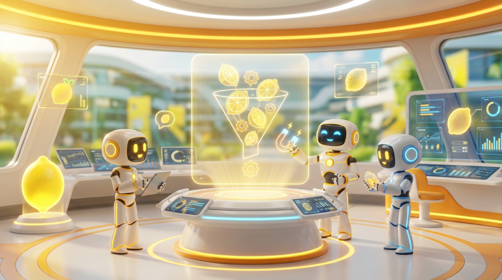 Team of friendly AI robots collaborating in a bright, modern tech space with citrus accents, illustrating how to build a lead magnet bot that truly converts.