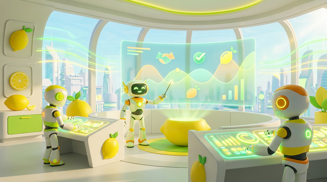 Team of friendly AI robots collaborating in a bright, modern tech room with citrus tones, representing how an AI follow-up bot helps close more deals efficiently.
