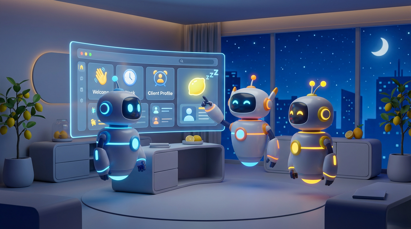 Team of friendly AI robots collaborating in a bright, citrus-toned tech room, symbolizing how an AI onboarding bot welcomes new clients automatically overnight.