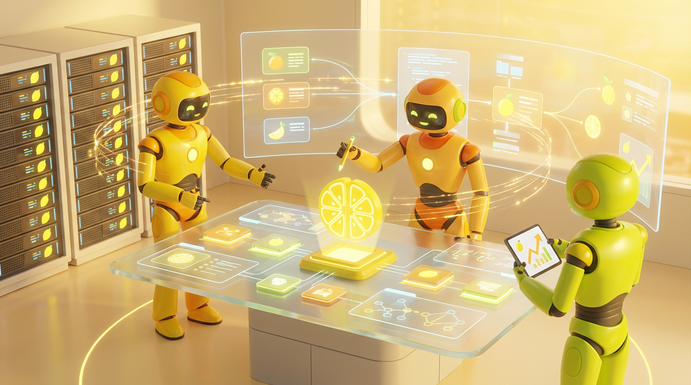 Team of friendly AI robots in a bright, modern tech space with citrus accents collaborating to train AI on internal knowledge for smarter global operations.