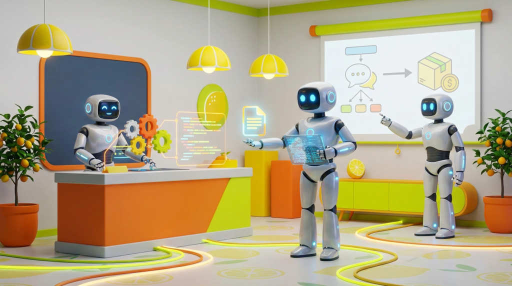Team of friendly AI robots collaborating in a bright, modern tech space with citrus accents, illustrating how AI turns free advice into scalable paid automations.