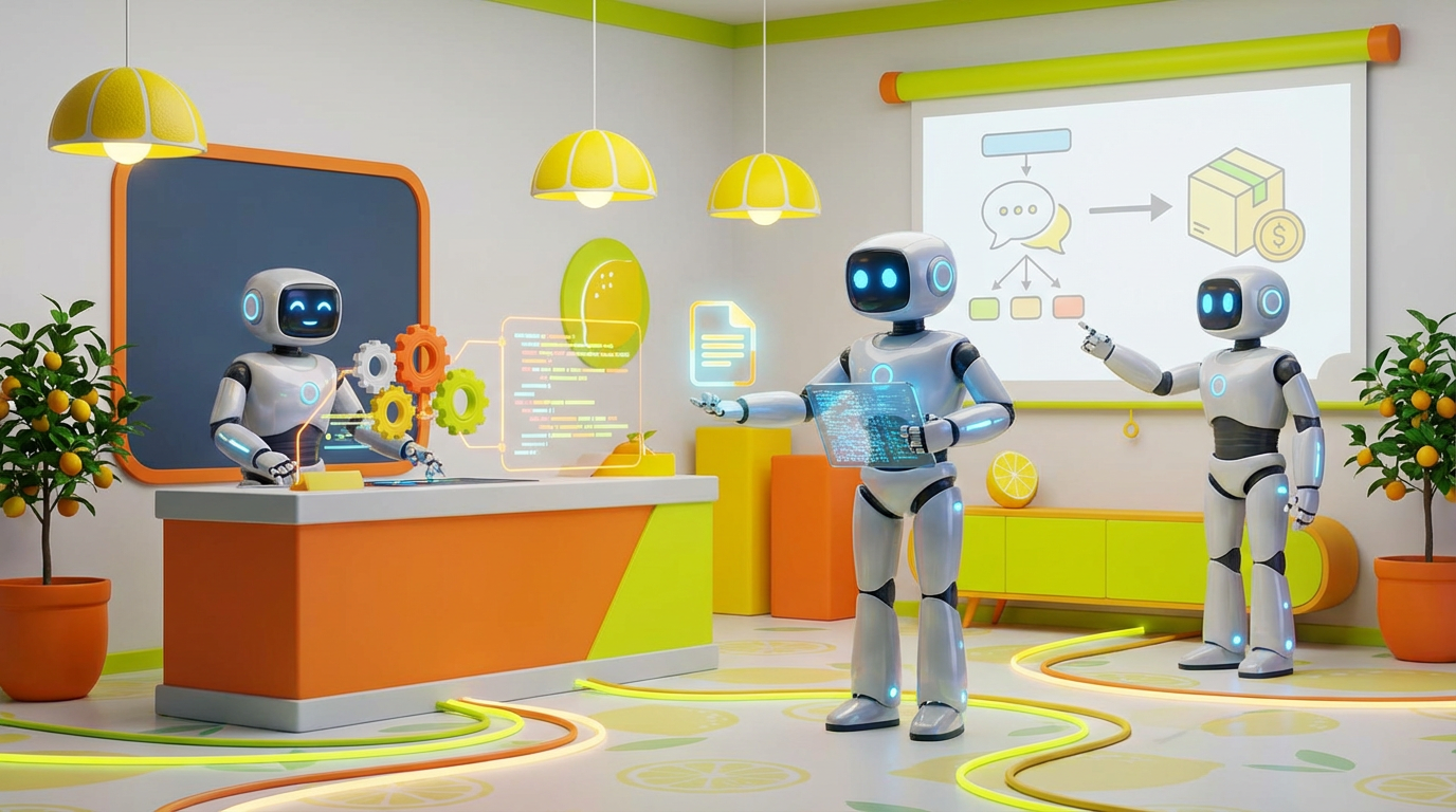 Team of friendly AI robots collaborating in a bright, modern tech space with citrus accents, illustrating how AI turns free advice into scalable paid automations.