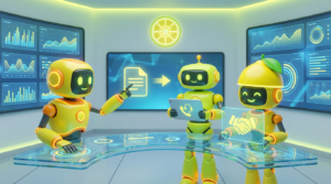 Team of friendly AI robots collaborating in a bright, modern tech space with citrus accents, showing how AI can deliver a proposal, book calls, and close deals.