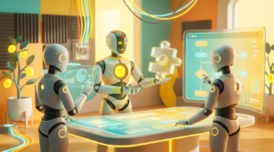 Team of friendly AI robots collaborating in a bright, modern tech space with citrus accents, illustrating the value of licensing your AI agent as a scalable add‑on product.