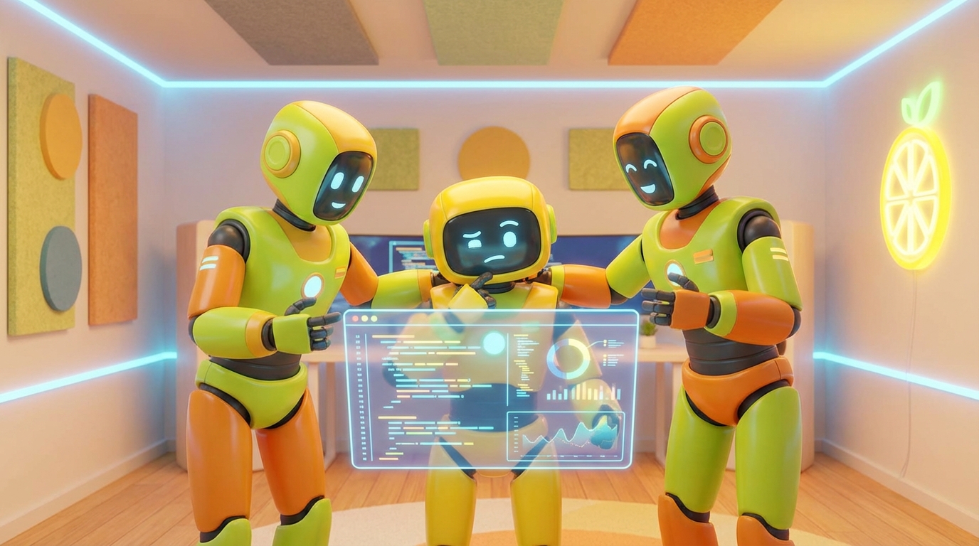 Team of friendly AI robots collaborating in a bright, modern tech space with citrus accents, exploring what to do when my AI assistant fails during daily workflows.