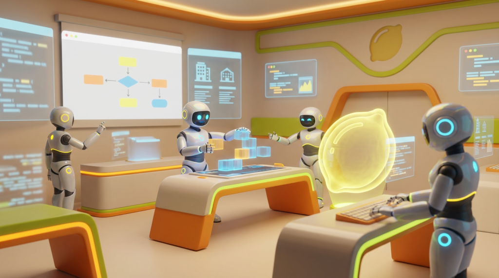Team of friendly AI robots collaborating in a bright, modern tech space with citrus accents, symbolizing the top no-code AI builders empowering creators in 2025.