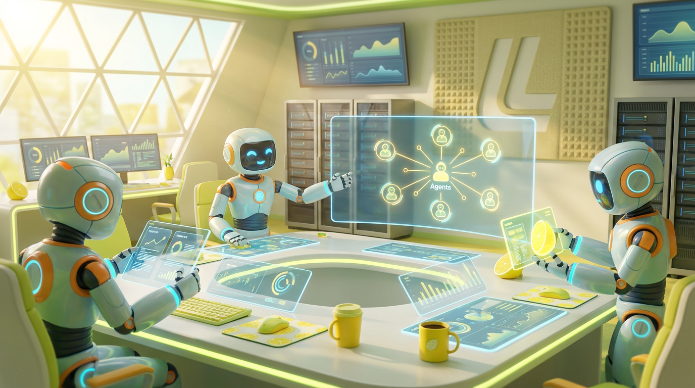 Team of friendly AI robots collaborating in a bright, modern tech space with citrus accents, visualising 7 AI agents that every marketing and sales team should have.