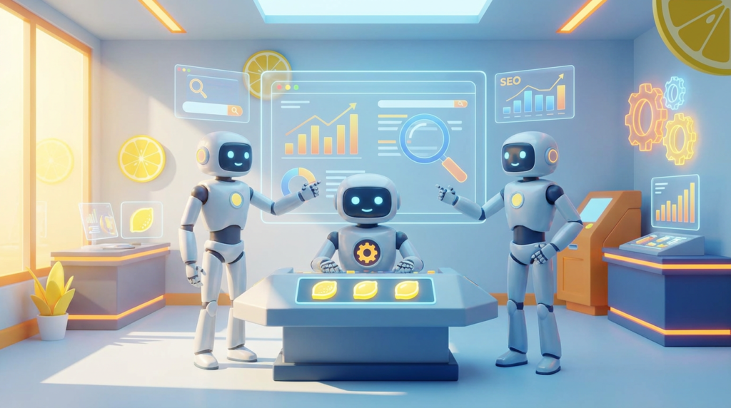 Team of friendly AI robots collaborating in a bright, modern tech space with citrus accents, illustrating how a Junior Analyst AI Agent performs SEO audits efficiently.